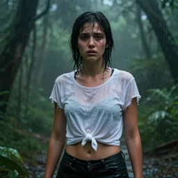 adventure girl looks toward camera in jungle rain, soaking white!!!! tshirt tied in knot, ragged!! clothing, fear, short dark hair, sweaty abs, evening, hyperrealistic, unreal engine 5, detailed render, atmospheric haze, dark natural glow, mid distance