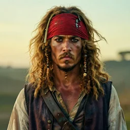 photo portrait of an rugged strong albino african pirate with a red headband | brown brown!!!!! vest | young adult, thin blonde mustache, big big afro big blonde hair, stern face, rugged and dirty, cinematic lighting at sundawn, movie color grading