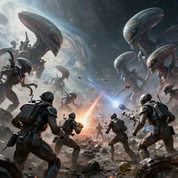 an epic space battle fought between humanity and an alien species, high detail, high definition, photorealistic, 8k
