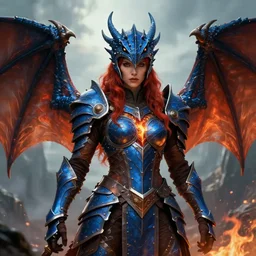 portrait of a dnd dragon hunter in the thunderous mountains, female, symmetric wings, dragon inspired blue armor, red hair, dragon helmet, pretty, fire, brown skin, high fantasy, detailed face, highly detailed, sharp focus, smooth, digital illustration, by clyde caldwell