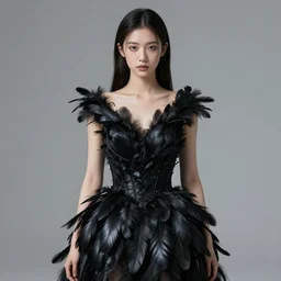 hight focus of a wonderful realistic focused sweet wonderful symmetrical mid portrait of a lonely woman with a detailed dress made of a realistic black raven plumes, dramatic light, octane render - 8 k