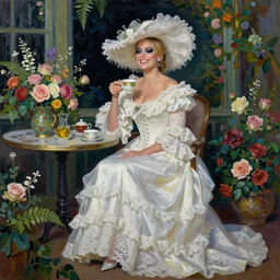 happy very thick paint brush strokes paint texture full body fashion model margot robbie by Jeremy Lipking by Hasui Kawase by Richard Schmid (((smokey eyes makeup eye shadow fantasy, glow, shimmer as victorian woman in a long white frilly lace dress and a large white hat having tea in a sunroom filled with flowers, roses and lush fern flowers ,intricate, night, highly detailed, dramatic lighting))) , high quality