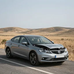 broken modern european car, roadside, dry field, hills background, consept art, epic
