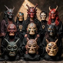 surrealist masks, ethnographic photo, homestuck cosplayers, demonic, cryptid, CAUGHT