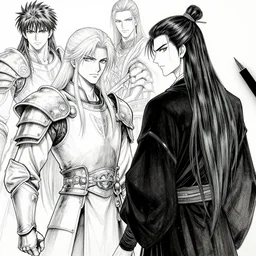 long blond hair man in armor with another man with long blong hair tyed up with black robes, pen and ink, intricate line drawings, by craig mullins, ruan jia, kentaro miura, greg rutkowski, loundraw