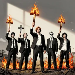 godless politicians holding catholic crosses, flames, stencil art by shag, tom whalen, artgerm, clean bold lines