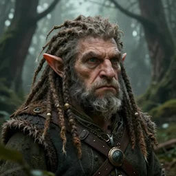 a close - up headshot illustration portrait of an dwarf druid with dreadlocks standing in deep old misty forest, d & d character portrait, pathfinder,, art by tim hildebrandt and frank frazetta and gerald brom