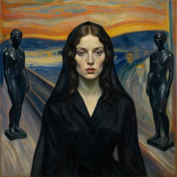 a close up portrait of a woman wearing black funeral dress, interior room, edvard munch, obsidian statues, scene from the godfather, crowd of smiles, miles johnston, cynical realism, lucian freud, monet, bruce bickford masterpiece