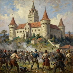 an oil painting of a romanian castle during a siege, oil painting,
