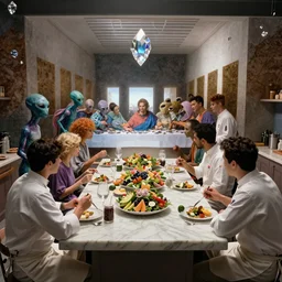 !view from the kitchen, behind the chefs we see !13 diverse aliens enjoying a rich salad around a marble table, !positioned as last supper cinematic lighting, crystals and diamonds, fantasy, surreal, floating, highly detalied, 4k, artstation, by Wayne Barlowe