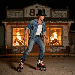 portrait photo still of kenny loggins roller blading, wearing a top hat, in front of an old country store on fire at night, 8 k, 8 5 mm f 1. 8