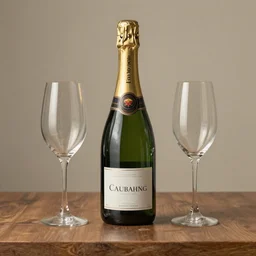 still life of champagne bottle with 2 glasses. art by maria sibylla merian