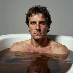 brezhnev cologne, in chocolate bath, portrait by greg hildebrandt, studio lighting, muted colors, by terry richardson, by frank frazetta, extreme detail, reflections, trending on artstation, 8 k