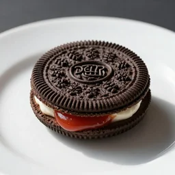 dlsr food photograph of an oreo with ketchup filling, on a white plate, next to a glass of milk, bokeh, 5 0 mm f 1. 4