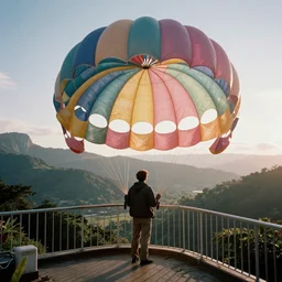 a grainy film photograph pov holiday maker on balcony in dream state alien world, pastel coloured inflatable parachute furniture. ambient light. refraction. sunrise.