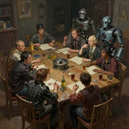 a large table with punks, criminals and robots in a painting from stalenhag, 4 k, 8 k, hdr, artstation, concept art