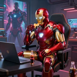 iron man sit on chair and eats chips in front of laptop in detailed gamer room, coke on table, cyberpunk concept art, trending on artstation, highly detailed, digital art, 8 k