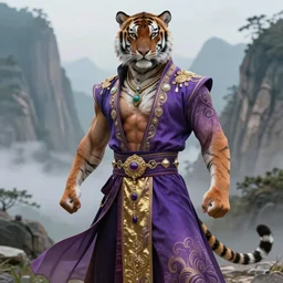 beautiful fantasy character portrait, male martial artist, fit anthropomorphic tiger, dressed in fluent long jeweled oriental clothes, gradient purple to gold, mountain background, hyper realistic, highly detailed by peter mohrbacher, wayne barlowe, boris vallejo, paolo eleuteri serpieri