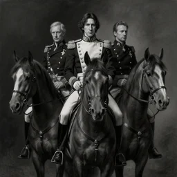 painting of adam driver riding on horses with john oliver, stoic, full body, military uniform, fantasy, intricate, elegant, beautiful, highly detailed, charcoal, centered, dark, smokey, digital painting, artstation, concept art, smooth, sharp focus, illustration, art by artgerm and greg rutkowski and alphonse mucha
