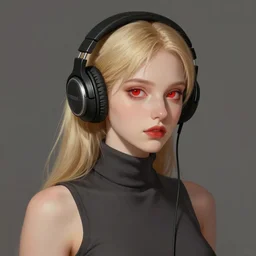 girl with blonde hair and red eyes wearing headphones, sleeveless turtleneck. digital painting, by valerian city of a thousand planets, by ruan jin #, by mandy jurgens #, by artgerm #, william - adolphe bouguerea #