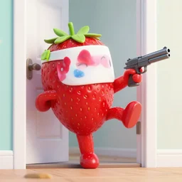 this is a strobbery! strawberry wearing a ski mask kicking in the door with a gun drawn