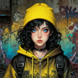 highly detailed portrait of a sewerpunk student lady, blue eyes, hoody, beanie hat, black curly hair by atey ghailan, by joe fenton, by greg rutkowski, by greg tocchini, by kaethe butcher, gradient yellow, black, brown and cyan color scheme, grunge aesthetic!!! ( ( dystopian graffiti tag wall background ) )