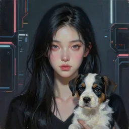 a painting of xyremm trending on artstation in the style of greg rutkowski, wlop, oil on canvas, feminine, beautiful, portrait, puppy, black hair, 3 d, realistic, cyberpunk, blade runner, mirrors edge