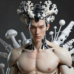 hyper detailed ultra sharp portrait of a handsome seductive cyborg warrior man bem dotado sofado gostoso, well contoured porcelain ivory smooth fair skin, up close shot, sharp focus, global illumination, radiant light, biomechanical black corals white currants headdress made of corals, cyberpunk brackets, laser cut paper microbes, bubble mushrooms, puffballs, rhizomorphs, alexandre ferra white mecha, irakli nadar, octane highly render, 4 k, ultra hd,