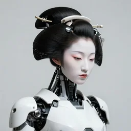 fine art photograph portrait head shot minimal geisha cyborg mech by ilm and bill sienkiewicz and emmanuel shiu, zaha hadid, simplified neo - futuristic tactical, ennui pose feminine, studio, mamiya 6 5 mm, iso 4 0 0, f / 5. 6, hyperrealism, studio lighting, high detail, sharp focus, trending artstation, cgsociety