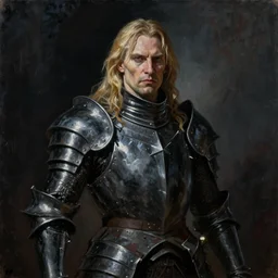 oil painting of a pale menacing dio brando with long blond hair and piercing eyes, powerful knight in tall jagged black plate armor, cinematic chiaroscuro creeping darkness, by J.C leyendecker and norman rockwell