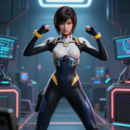 young female character in a plugsuit inspired by ling xiaoiy from tekken and alita, digital art made by makoto shinkai and wlop, anatomically correct, extremely coherent, battle pose, hd, symmetrical, perfect composition, synth laboratory background, highly detailed
