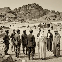 ultra detailed photorealistic sepia - toned line drawing from 1 9 1 7, a small group of british soldiers standing with bedouin traders in traditional arab garb, at an archaeological dig site in wadi rum, ultra realistic, painted, intricate details, lovecraft, atmospheric, dark, horror, brooding, highly detailed, by clyde caldwell