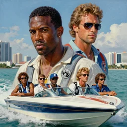 a portrait painting of crockett and tubbs in eighties miami vice in a speedboat, ultra realistic, highly detailed faces, true life, 8 k, masterpiece, cinematic, by frank frazetta, greg rutkowski, yoko taro, christian macnevin, beeple, wlop, krenz cushart, epic character art, dramatic lighting