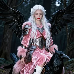 portrait of a warrior woman, english face, refined features, moon goddess, red lips, long snow - white hair, standing in a dark forest, at midnight, on crows, pink velvet dress, leather armor, iron armor, white boots, pink fur, very beautiful style, photorealism, edgard maxence