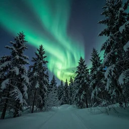 the northern lights in a snowy forest
