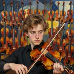 portrait of a young violinist focusing with a background of hundreds of violins by vincent lefevre and hernan bas and pat steir and hilma af klint, psychological, symmetrical face, rendered in octane, altermodern, masterpiece