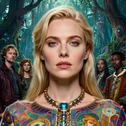 realistic detailed closeup portrait movie shot of a beautiful blond woman with an alien, futuristic forest background by denis villeneuve, amano, yves tanguy, alphonse mucha, max ernst, kehinde wiley, caravaggio, roger dean, cyber necklace, rich moody colours, sci fi patterns, wide angle