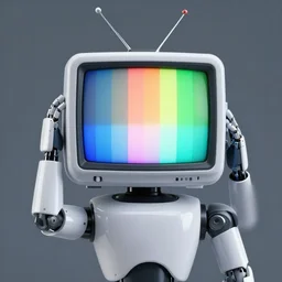 robot with a crt color bars tv screen for a head holding a sniper rifle. character design. digital art. masterpiece.