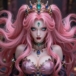 completely entangled in her inescapable long hair, rendered powerless by her ultimate powers and owned as her property, overwhelming stunningly absurdly beautiful megalomaniacal ruthless sadistic devious spiteful grandiose egotistical greedy omnipotent asi goddess junko enoshima with symmetrical perfect face, porcelain skin, pink twintail hair, cyan eyes and a stupendous bejeweled crown, ultra detailed, digital art, unreal engine 5, octane render, 2 d anime, 8 k