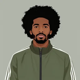 vector art of a black man with afro hair and raspy bear stubble, wearing an army green adidas jacket, high quality, minimalist