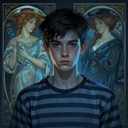potrait of an androgynous teenager by Greg rutkowski and alphonse mucha and artgerm, he wear a stripped shirt, digital art, mysterious, dark, sharp focus, trending on artstation, concept art, blue tone