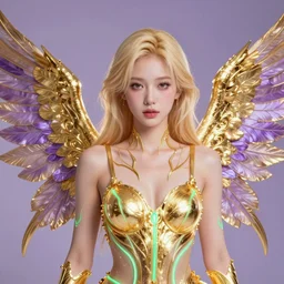 portrait of cute blonde woman in metlic site with gold and purple wings, hyper realistic, octane render, 4 k, glowing gold veins, glowing green veins