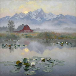 impressionism painting of a pond of water lily on a foggy morning, red barn in distance, sun low on horizon through snow capped mountains, soft light