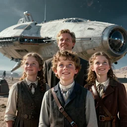 extremely sharply detailed, from blockbuster 1 6 k sci fi color movie freeze frame, set in 1 8 6 0, family standing in front of a crashed spaceship, on alien planet, looking happy, wearing 1 8 5 0 s era clothes, atmospheric lighting, in focus, reflective eyes, - 3 5 mm macro lens, live action, nice composition, good photography, clear facial details