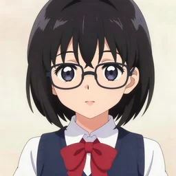 ( ( ( a portrait of komi - san, komi shouko ) ) ), extremely shy, black hair styled in a bob, large expressive eyes, wearing glasses, wearing her school uniform, a white blouse, a navy blue skirt, and a red neckerchief by yusuke murata and masakazu katsura, highly - detailed, cgsociety, detailed face, vibrant
