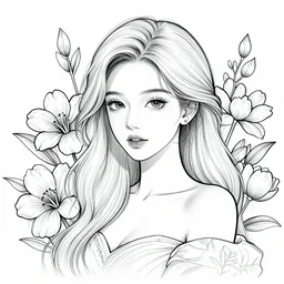 beatiful woman surrounded by flowers, beautiful line art, ink illustration, sketch, pure b&w
