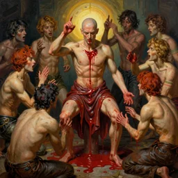 realistic matte painting wan bald man surrounded by tweakers addicts performing ritual blood magick greg rutkowski artstation hdr vivid color ( ( ( ( ( alphonse mucha ) ) ) ) )