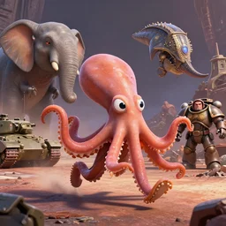 pixar octopus running brontosaurus atat elephant googly eyes, military tank fury road iron smelting pits space marines, highly detailed cinematic scifi render of 3 d sculpt of spiked gears of war skulls, rodney mathews, military chris foss, john harris, hoover dam'aircraft carrier tower'beeple, warhammer 4 0 k, halo, halo, mass effect