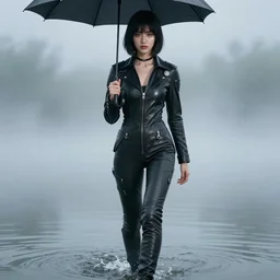 youthful asian blade runner demure, exquisite symmetrical features, glowing translucent limpid skin, feminine cut, walking on water with an umbrella, ultra realistic, highly detailed, frontiers in flight leather suit, 8 k, misty, stephane sednaoui