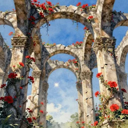 broken arches leading to the pillars of eternity draped with red flowers and vines, blue sky, lens flare, a sense of mystery, cinematic, ultra detailed, intricate, sharp focus, trending on artstation, watercolour illustration by John Singer Sargent, 8K